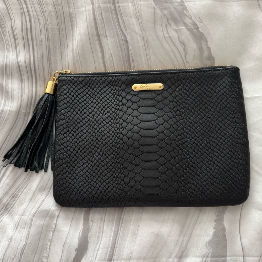 New! GiGi New York Embossed Python Clutch, Black. - Picture 6 of 10
